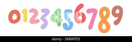 Simpatici numeri di cartone animato colorati per bambini, caratteri arrotondati grassetto perfetti per l'apprendimento, l'istruzione, poster o giochi. Set di font divertenti e luminosi. Estate Illustrazione Vettoriale