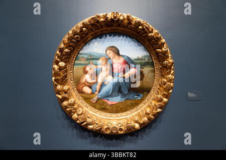 WASHINGTON DC - la "Madonna d'Alba" di Raffaello, dipinta intorno al 1510, è un capolavoro dell'alto Rinascimento esposto alla National Gallery of Art come parte della collezione Andrew W. Mellon. Questa composizione circolare (tondo) fu creata poco dopo il trasferimento di Raffaello a Roma, mostrando l'influenza dell'arte antica nelle sue figure più robuste e monumentali. Il dipinto raffigura la Madonna con il bambino e il bambino Giovanni Battista, con Cristo che accetta una sottile croce che simboleggia il suo futuro sacrificio, dimostrando l'evoluzione di Raffaello verso una maggiore profondità psicologica e il classico monum Foto Stock