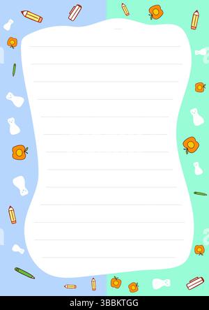 Carino modello di carta foderato Back to School con mele matite e gomme perfetto per appunti o disegni Illustrazione Vettoriale