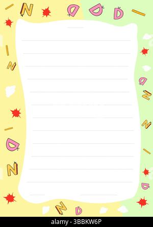 Carino design in carta color pastello con lettere alfabetiche e spaghetti giocosi, perfetto per scrivere appunti o realizzare progetti per bambini Illustrazione Vettoriale