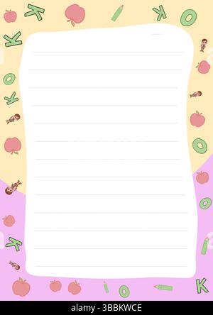 Carino carta foderata stampabile perfetta per lettere o disegni con mele matite e lettere Illustrazione Vettoriale
