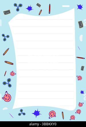 Carino modello di cancelleria scolastica con matite, gomme e rotelle su sfondo azzurro con carta foderata pronta per le note. Illustrazione Vettoriale