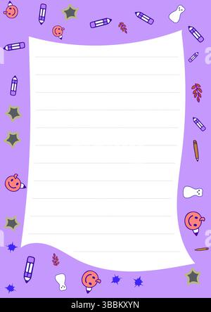 Carino design in carta cancelleria viola Halloween con zucche, stelle e matite, perfetto per prendere appunti e disegnare Illustrazione Vettoriale
