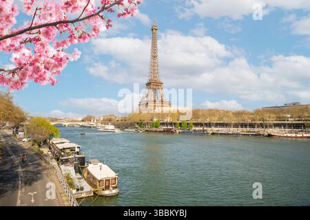Torre Eiffel panoramica e la Senna in primavera Parigi, Francia, Europa Foto Stock