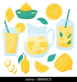 Set Cartoon Lemonade con limoni freschi a fette, centrifuga, foglie di menta, caraffa, barattoli da muratore, e rinfrescanti drink estivi con cannucce Illustrazione Vettoriale