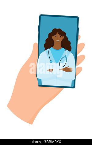 Concetto di telemedicina. Mano che tiene lo smartphone con l'app clinica online. Videochiamata con una dottoressa nera Illustrazione Vettoriale