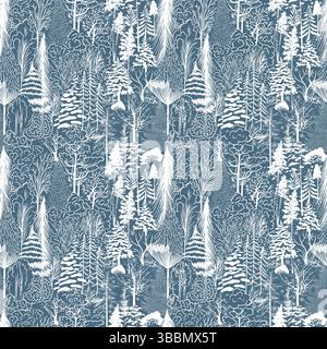 Natale. Sfondo invernale. Sfondo della foresta invernale. Pino, abete rosso, albero di natale. Alberi grafici innevati visualizzazione panoramica con pattern senza interruzioni. disegno a mano Illustrazione Vettoriale