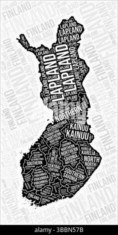 Le regioni della Finlandia mappano Word cloud. Nomi delle regioni della Finlandia. Design della mappa in bianco e nero. Illustrazione del vettore di tendenza. Illustrazione Vettoriale