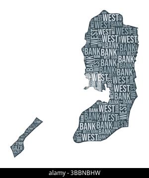 Forma della Palestina. Cloud di parole del paese con divisione regionale. Illustrazione a colori Palestina. Fumetto nomi area. Illustrazione vettoriale. Illustrazione Vettoriale