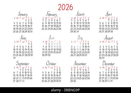 Modello di calendario annuale per l'anno 2026 in stile minimalista semplice, dodici mesi, inizio settimana domenica, orientamento orizzontale della pagina stampabile vettoriale Illustrazione Vettoriale
