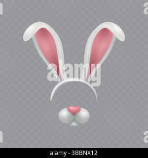 Vector 3D Bunny Ears and Nose, isolati. Fascia simpatica coniglietto con orecchie rosa coniglietto per Pasqua, vacanze primaverili. Design del costume, elemento Bunny Face Mask Illustrazione Vettoriale