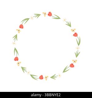 Corona floreale primaverile con montatura a cerchio vettoriale a tulipani e farfalle Illustrazione Vettoriale
