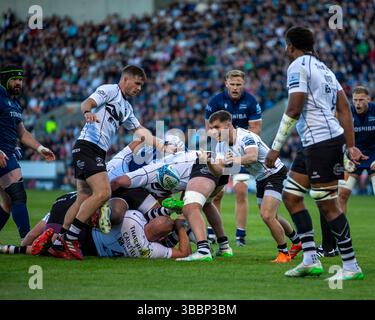 16 maggio 2025; Salford Community Stadium, Salford, Lancashire, Inghilterra; Gallagher Premiership Rugby, sale Sharks contro Bristol Bears; Harry Randell dei Bristol Bears passa la palla Foto Stock