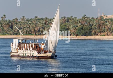Nave da crociera sul Nilo Dahabiya navigando lungo un deserto sabbioso con palme sul fiume Nilo vicino ad Assuan Foto Stock