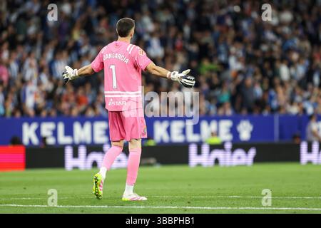 Barcellona, Spagna. 15 maggio 2025. Il portiere Joan Garcia (1) dell'Espanyol visto durante la partita di LaLiga tra Espanyol e FC Barcelona allo stadio RCDE di Barcellona. Credito: Gonzales Photo/Alamy Live News Foto Stock