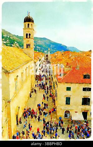 Immagine colorata in stile acquerello che mostra la vivace strada pedonale principale della città vecchia di Dubrovnik piena di persone ed edifici storici. Foto Stock