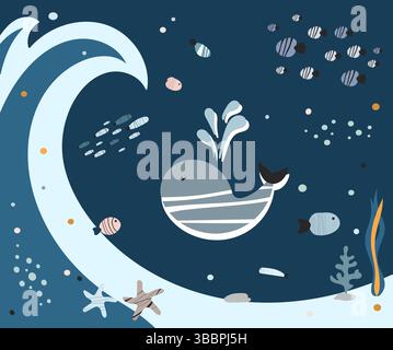 Balene nuoto con pesci nell'oceano, illustrazione vettoriale in stile cartone animato Illustrazione Vettoriale