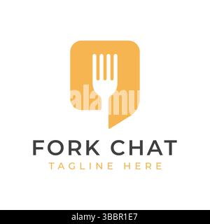 Icona fork e chat Logo astratto per Business Food Mobil App Concept. Modello di progettazione del Branding di idee creative. Illustrazione Vettoriale