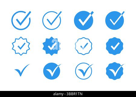 Set di icone con segno di spunta verificato Logo Badge con colore blu. Selezionare, accettare, confermare, approvare, originale, garanzia. Illustrazione Vettoriale