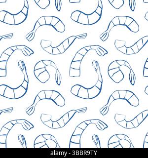 Motivo senza cuciture con gamberetti blu disegnati a mano su sfondo bianco, in una linea irregolare senza ombre Illustrazione Vettoriale