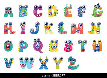 Alfabeto giocoso a tema mostro con colori vivaci ed espressioni eccentriche. Ideale per progetti per bambini e materiali didattici Illustrazione Vettoriale