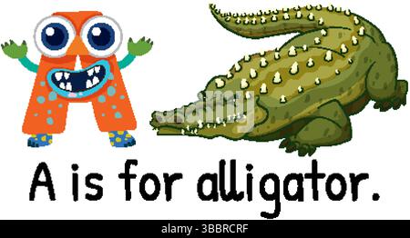 Illustrazione vettoriale colorata della lettera A con un alligatore, ideale per materiali didattici e libri per bambini Illustrazione Vettoriale