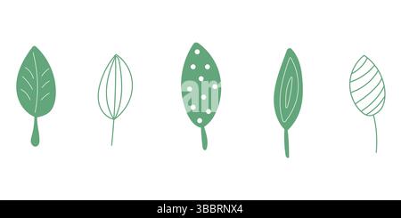 Set di foglie verdi. Semplici foglie verdi. Foglie minimaliste disegnate a mano. Illustrazione Vettoriale
