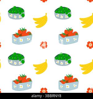 Motivo senza cuciture con frutta fresca. Fragole, uva, banana. Illustrazione Vettoriale