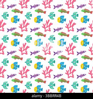 Pesci esotici colorati e corallo senza cuciture. Motivo tropicale senza cuciture. Illustrazione Vettoriale