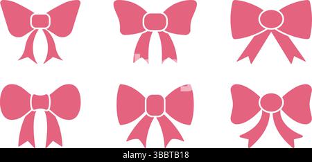 Set di icone con fiocco rosa. Nastro decorativo, confezione regalo e accessori moda Symbol Collection. Elementi di design eleganti e festivi. Isolato Illustrazione Vettoriale