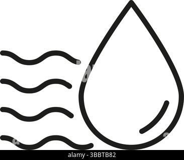 Goccioline d'acqua con icona linea onde. Simbolo di contorno del controllo di umidità, umidità e qualità dell'aria. Monitoraggio ambientale e regolamentazione del clima Illustrazione Vettoriale