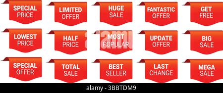 raccolta di etichette promozionali rosse con testo bianco in grassetto per sconti, offerte e banner di vendita Illustrazione Vettoriale
