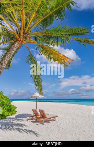 Sedie a sdraio ombrello foglie di palma primo piano sulla spiaggia sabbiosa con calmo cielo marino fantastico rilassante tranquillo sfondo di carta da parati della natura Foto Stock
