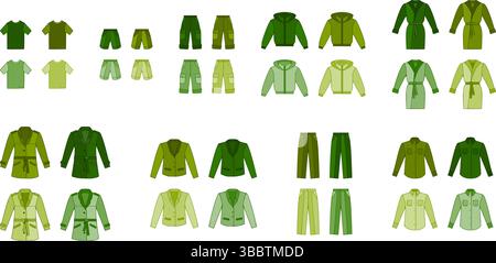 Abito da uomo in cartoni animati con tema verdastro, tra cui t shirt, pantaloni, felpa con cappuccio, accappatoio, giacca, cappotto e camicie. Illustrazione Vettoriale