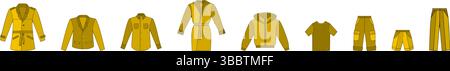 Abito da uomo cartoni animati con camicie, pantaloni, pantaloncini corti, t-shirt, giacche, felpe con cappuccio e accappatoio in tema giallo Illustrazione Vettoriale