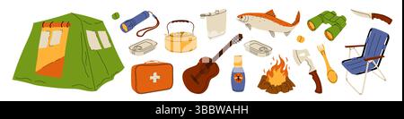 Set illustrato di articoli da campeggio e accessori essenziali Illustrazione Vettoriale