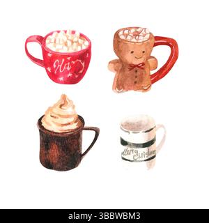 Set di tazze dipinte a mano in acquerello Foto Stock