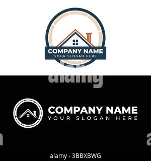 Modello di disegno del logo di Real Estate Company icona moderna del tetto con camino e finestra Illustrazione Vettoriale