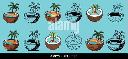 Collezione di icone colorate, sagomate e sagomate dell'isola tropicale del cocco. Illustrazione Vettoriale