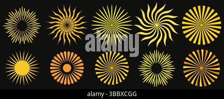 Set di elementi di progettazione Sunburst e radiali Illustrazione Vettoriale