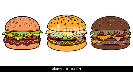 Set di tre colorate illustrazioni di hamburger e cheeseburger, vettoriali. Illustrazione Vettoriale