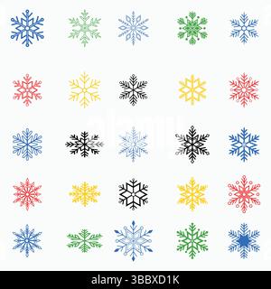 Collezione di icone colorate del fiocco di neve, set vettoriale per l'inverno Illustrazione Vettoriale