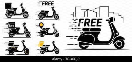 Icone del servizio di consegna gratuito con scooter e skyline della città, set bianco e nero. Illustrazione Vettoriale