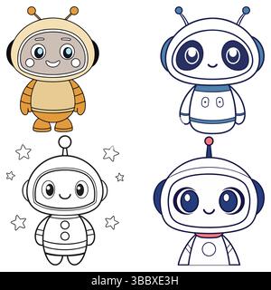 Simpatici robot e astronauti icone dei personaggi per bambini, set vettoriale dal design piatto. Illustrazione Vettoriale
