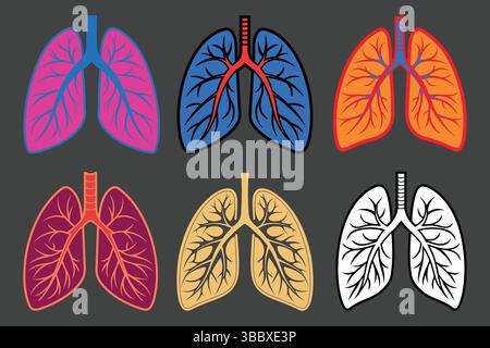 Icone del sistema respiratorio e della polmonologia, set di polmoni umani vettoriali. Illustrazione Vettoriale