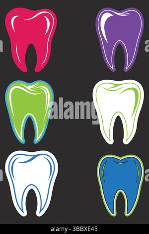 Illustrazioni vettoriali dei denti sane e colorate su sfondo scuro. Illustrazione Vettoriale