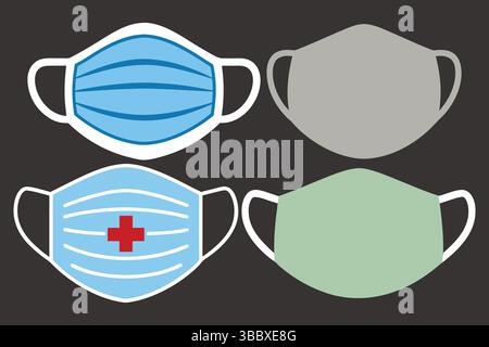 Medico e protettivo maschera vettoriale impostato su sfondo scuro. Illustrazione Vettoriale