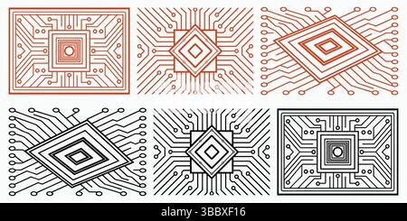 Set di sei progetti astratti di schede a circuito stampato e illustrazioni vettoriali tecnologiche. Illustrazione Vettoriale