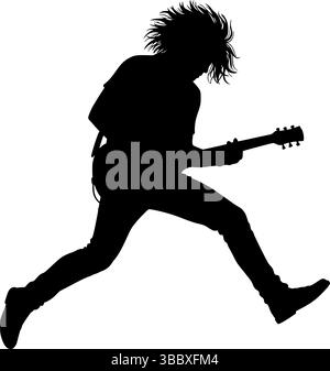 Energica silhouette chitarrista che salta con chitarra elettrica su sfondo trasparente Illustrazione Vettoriale
