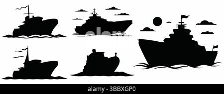 Illustrazioni di sagome di varie navi che navigano sull'oceano con bandiere e nuvole in monocromia. Illustrazione Vettoriale